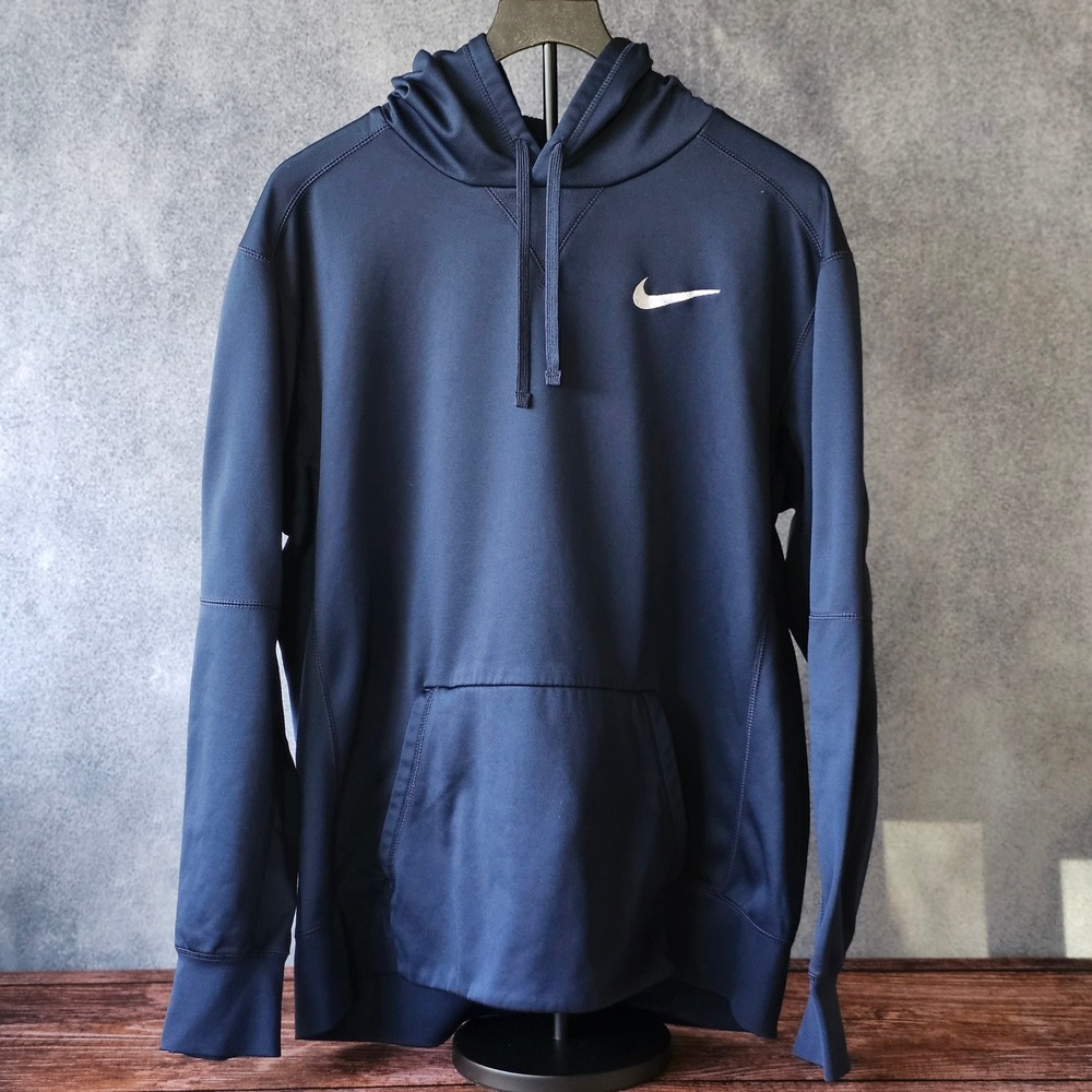 Nike Mens XL Therma-FIT Fleece Pullover Hoodie Navy Blue White Swoosh Sweatshirt